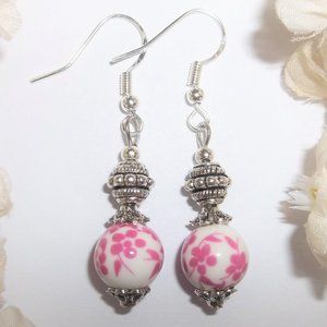 Flower Earring Dangle Jewelry Set Handmade Silver Pink White Gift Idea Girl 6915